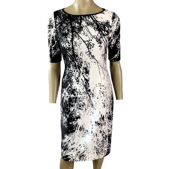 Tahari ASL Shift Dress Stretchy Short Sleeve Size 4 Black White Trees Print - Picture 1 of 16